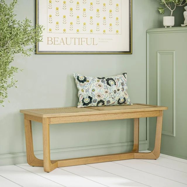 Beautiful Rattan & Wood Bench with Solid Wood Frame by Drew Barrymore,  Warm Honey Finish | Walmart (US)