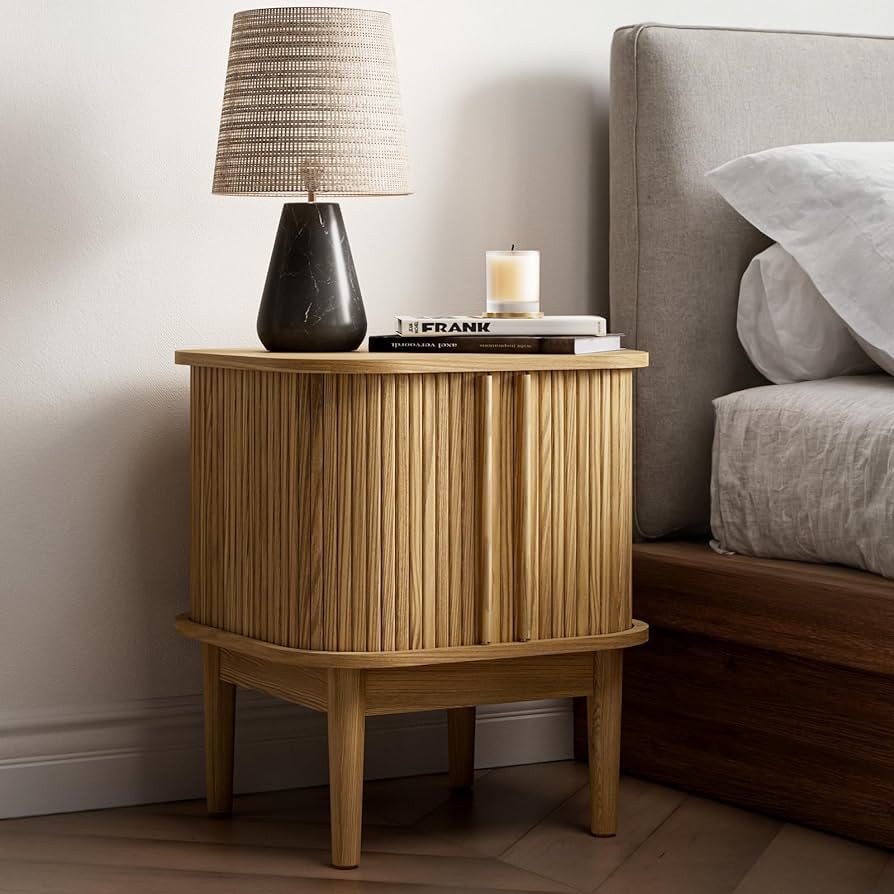 Fluted Nightstand with Sliding Doors, Modern Bedside Table with Solid Wood Legs, Wood Night Stand... | Amazon (US)
