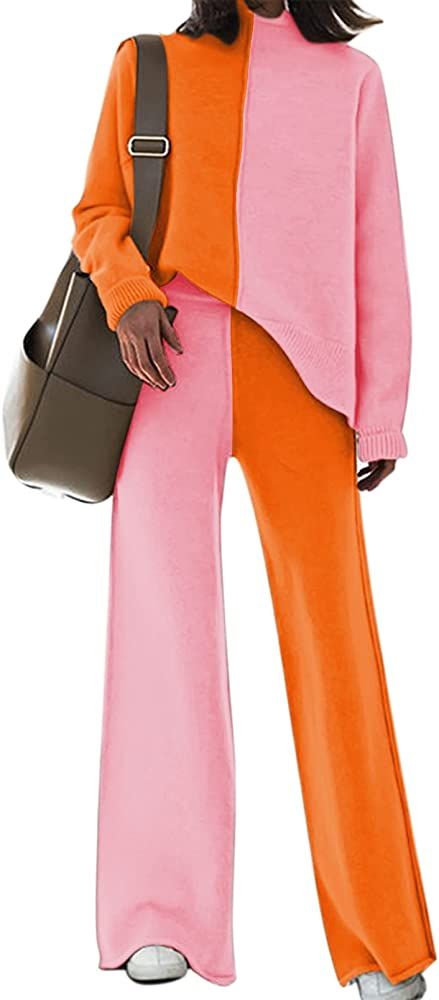 AOHITE Womens 2 Piece Outfit Set Long Sleeve Knit Pullover Sweater Top and Wide Leg Pants Sweatsuit | Amazon (US)
