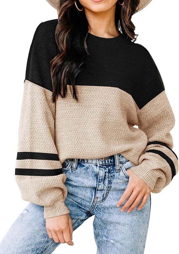 Womens Sweaters Fall 2024 Fashion Long Sleeve Color Block Oversized Sweaters Trendy Casual Crew N... | Amazon (US)