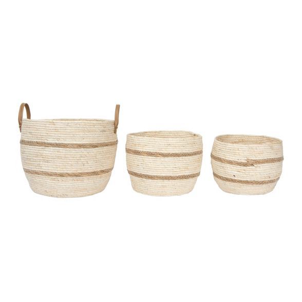 Set of 3 Maize Baskets with Leather Handle Beige &#38; Brown - 3R Studios | Target