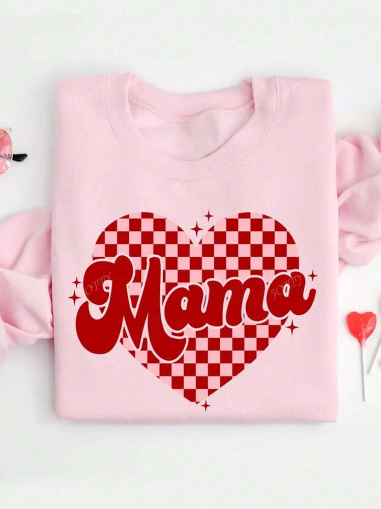 Valentine's Day Red Plaid Heart "MAMA" Print Women Dropped Shoulder Round Neck Long Sleeve Casual... | SHEIN