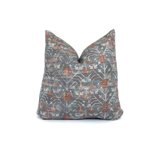 Distressed Pillow Cover Cotton Linen Blend Vintage Boho Blue Rusty Brown Oriental Moroccan Decora... | Etsy (US)