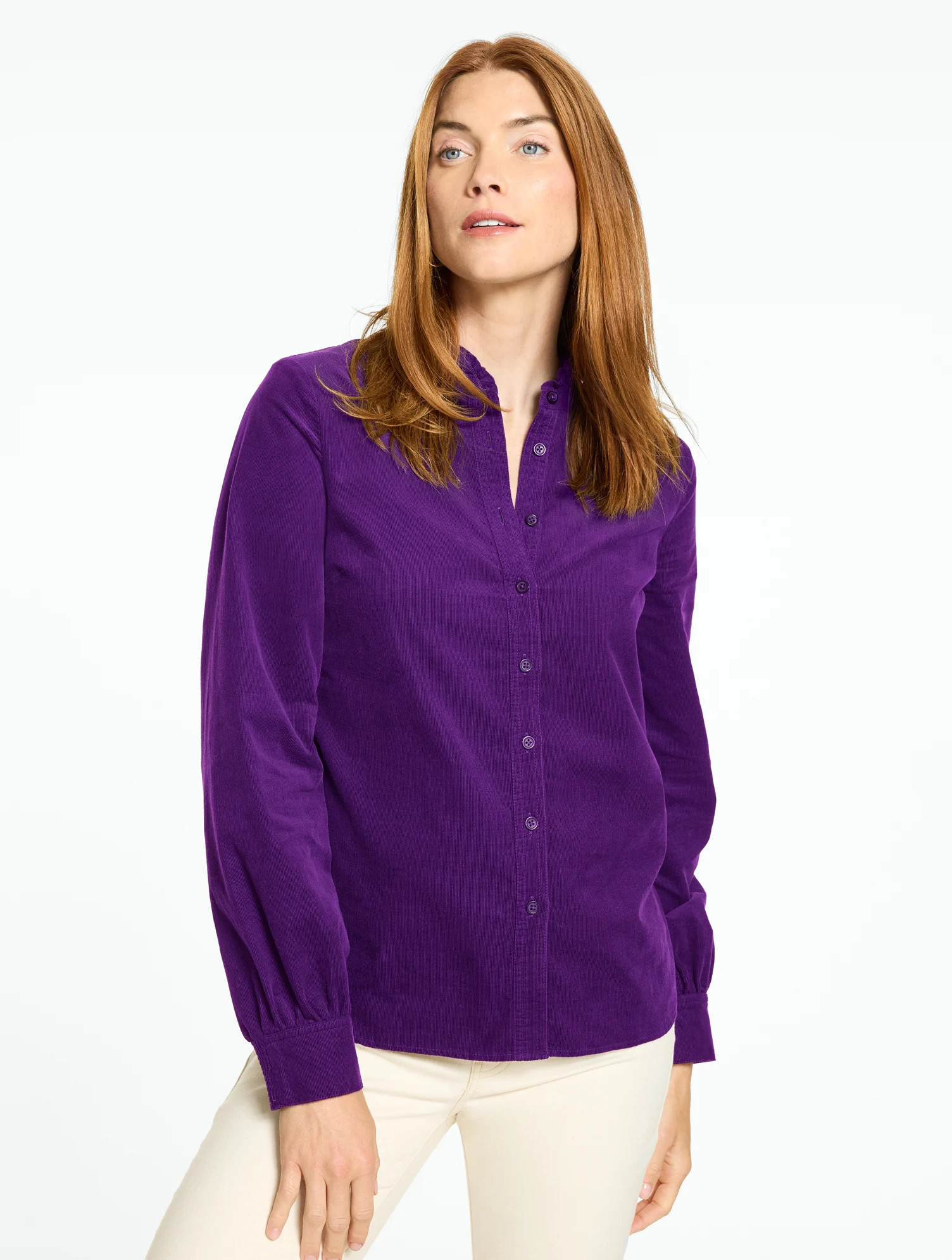 Ruffle Neck Corduroy Top - Spruce Green - Medium - 100% Cotton Talbots | Talbots