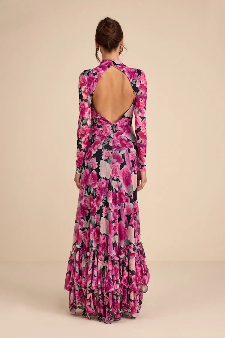 Emilina Black and Magenta Floral Mock Neck Maxi Dress | Lulus