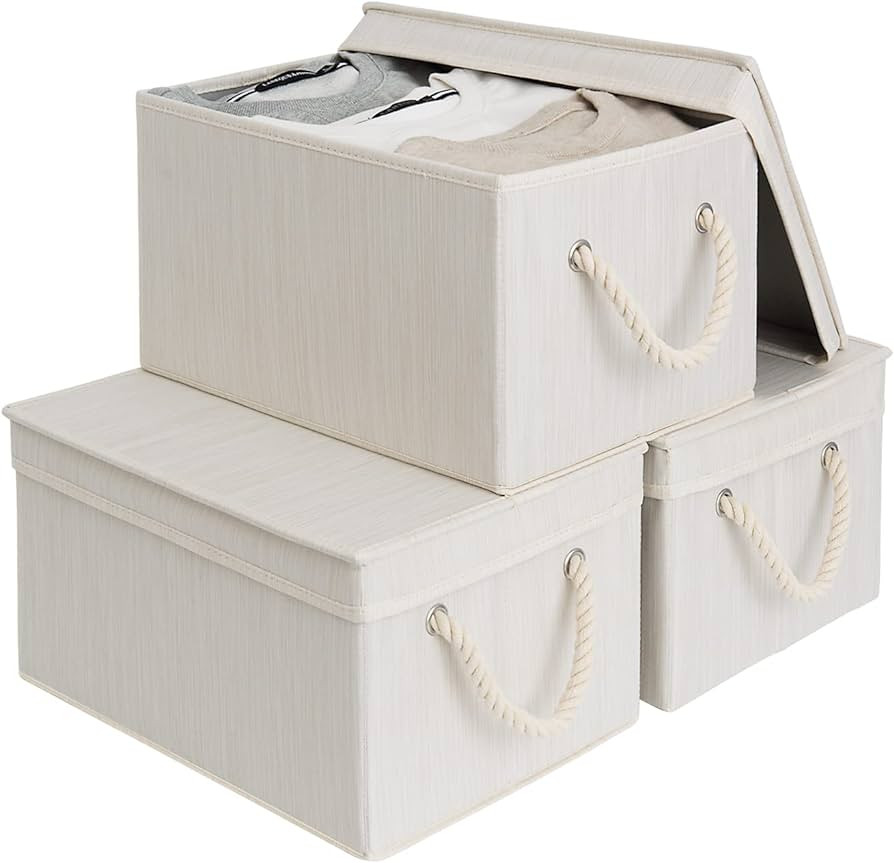 StorageWorks Storage Bins with Lid and Soft Rope Handles, Foldable Storage Basket, Mixing of Beige, White & Ivory, 3-Pack, Large,15.25x10.75x8.5 inches (LxWxH) | Amazon (US)