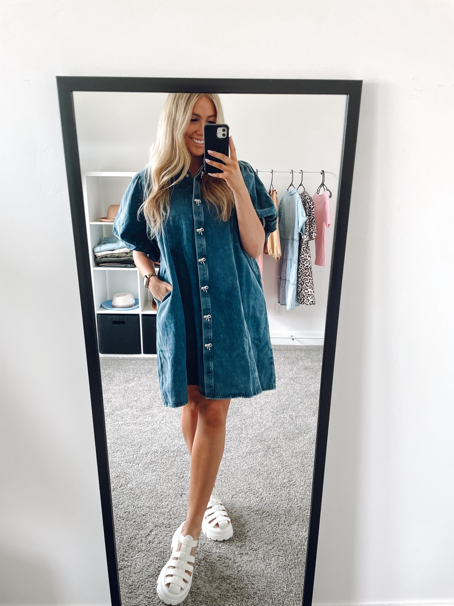 teacher outfit idea!
denim button up dress in color “blue": I sized up to an XL for length + oversized fit, I’m 5’6” — the bows are pins that can be removed 
white closed toe sandals: true to size

| teacher outfit | teacher fashion | denim Jean dress | amazon fashion | work outfit 

#LTKSeasonal #LTKWorkwear #LTKFindsUnder100