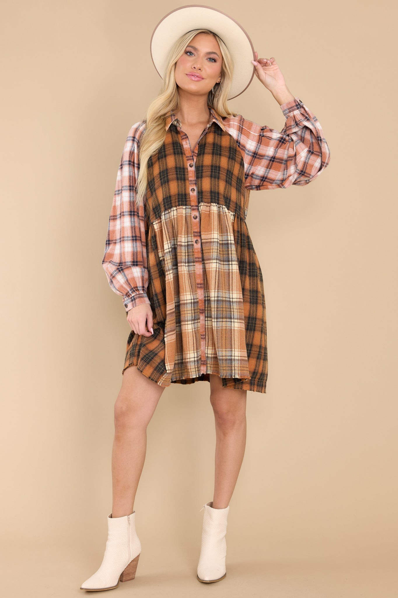 Campfire Chic Golden Orange Multi Plaid Dress | Red Dress 
