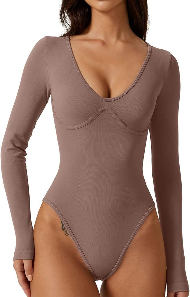 QINSEN Women's Sexy V Neck Bodysuit Long Sleeve Bodycon Stretch Plunge Shirt Tops | Amazon (US)