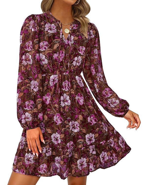 PRETTYGARDEN Women's Fall Boho Dresses 2025 Floral Long Sleeve V Neck Mini Flowy Wedding Guest Dr... | Amazon (US)