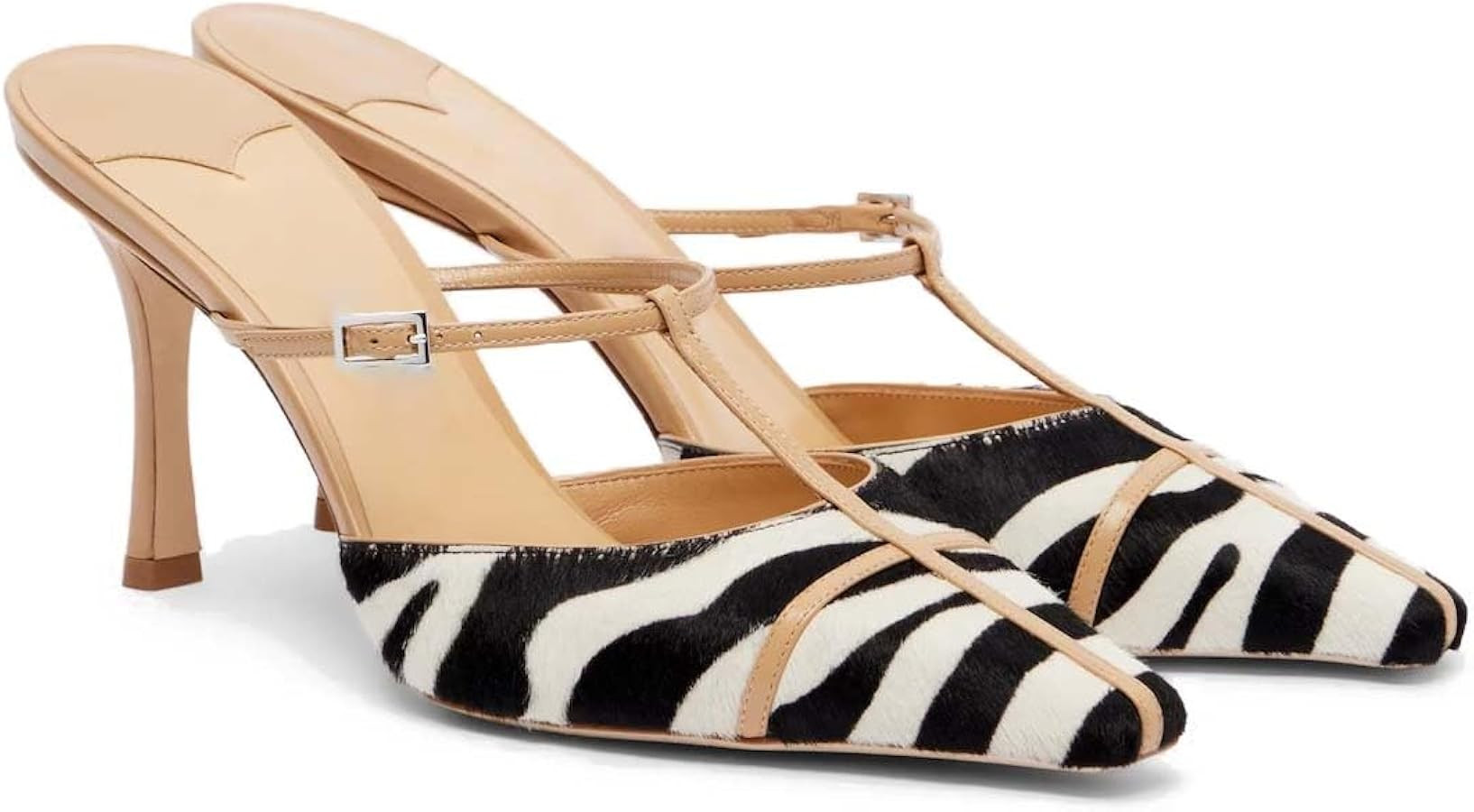 Women's Leopard Print Mules Stiletto Slippers T-Strap Buckle Sandals Faux Calf Hair Pointed Toe H... | Amazon (US)