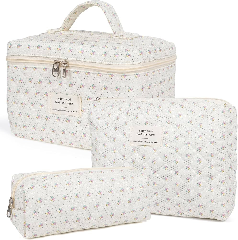 Makeup Bag,Quilted Cosmetic Bag,Large Floral Make Up Bag for Women,Cotton Makeup Bag Set,Flower T... | Amazon (US)