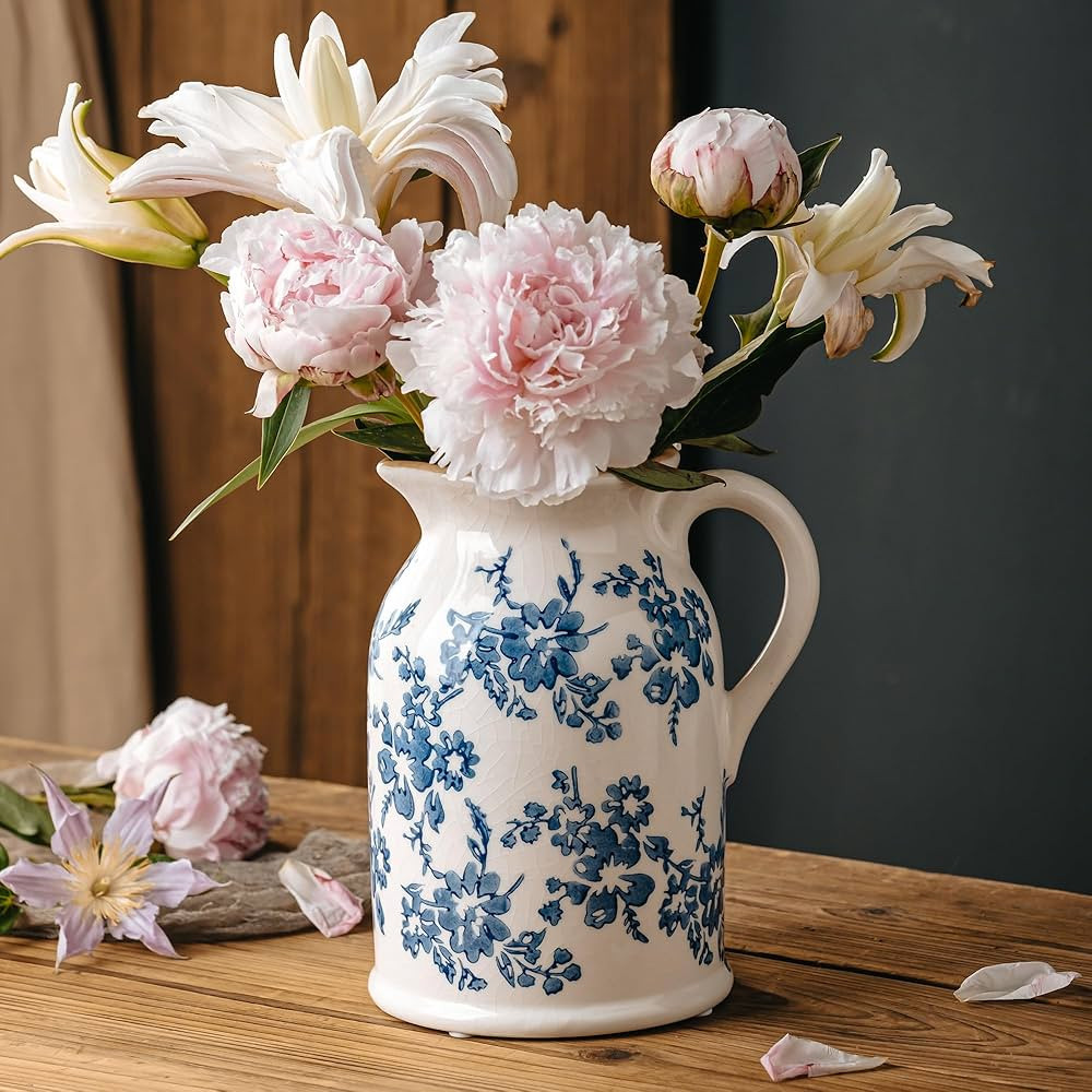 Blue and White Pitcher Vase, 8 Inch Vintage Chinoiserie Ceramic Flower Vase, Rustic Retro Ice Cra... | Amazon (US)