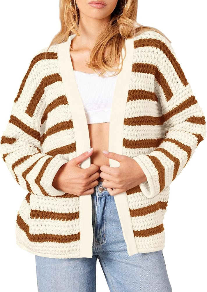 PRETTYGARDEN Women's Fall Striped Cardigan Sweaters Chunky Knit Long Sleeve Open Front Loose Fit ... | Amazon (US)