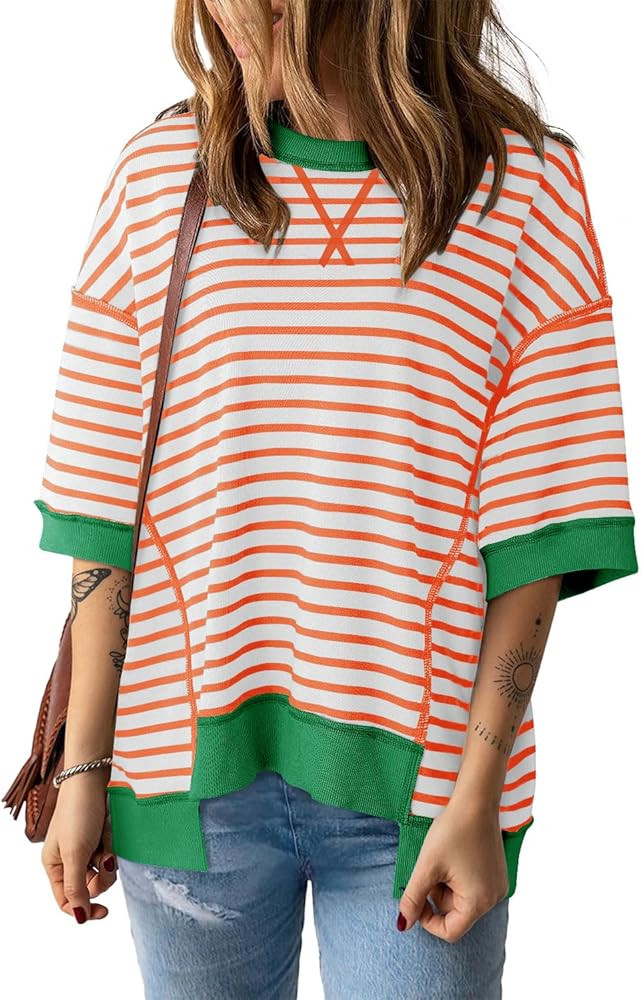 Womens Summer Tops Casual Crewneck Short Sleeve Sweatshirt Striped Color Block Trendy Pullover Kn... | Amazon (US)