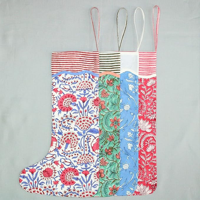 Ridhi Handmade Block Printed Christmas Stockings Set of 4 Cute Colorful Hanging Stockings for Tre... | Amazon (US)