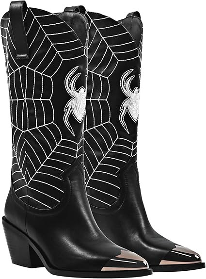 MissHeel Embroiderded Spider Webs Knee High Cowboy Boots | Amazon (US)