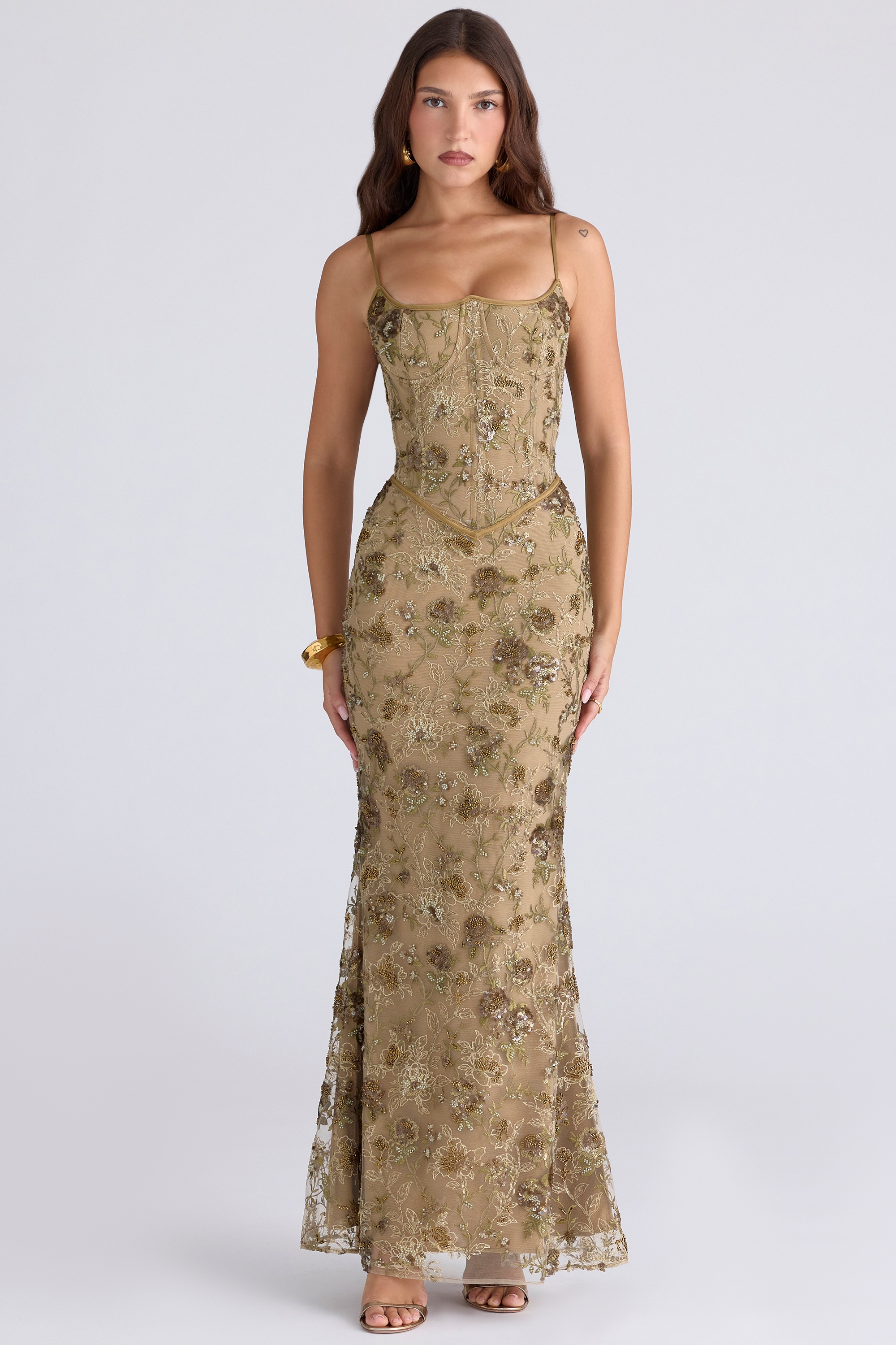 olive bronze hand beaded embellished corset maxi dress - limited edition | House of CB