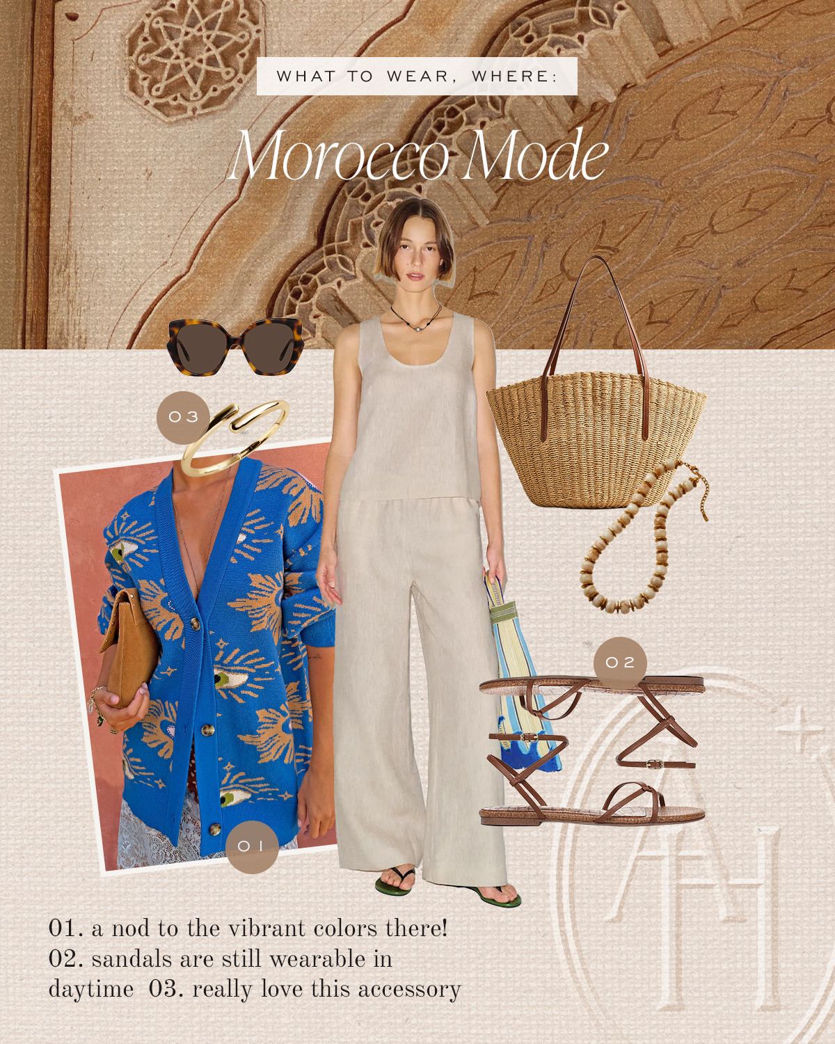 A linen set, ankle strap sandals, a woven tote and colorful cardigan for a daytime look in Morocco.  

 #LTKootd #LTKTravel