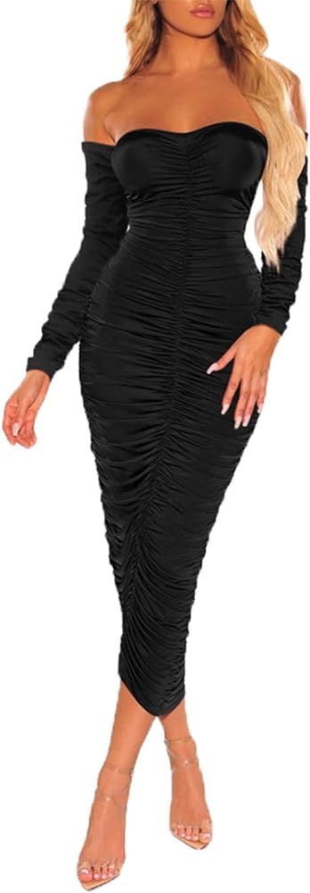 Women's Sexy Ruched Off Shoulder Long Sleeve Bodycon Midi Elegant Cocktail Party Dress | Amazon (US)