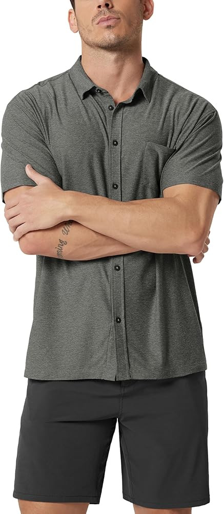 ODODOS Men's Short Sleeve Button Down Shirt - odSTRATUM Tech Performance Tee, Ultra Soft UPF 50+ ... | Amazon (US)