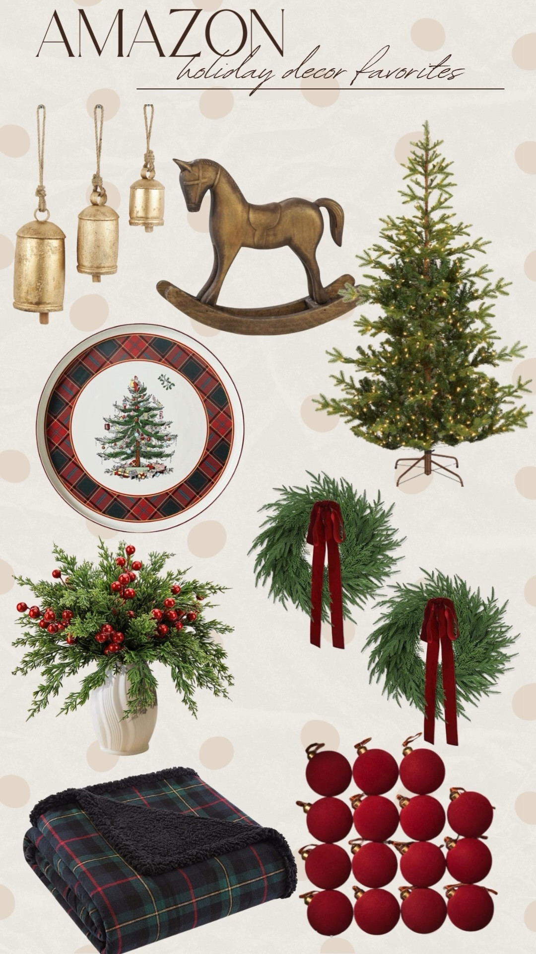 Amazon Christmas decor that I’m loving! 

Wreaths. Plate. Ceramic. Rocking horse. Bells. Greenery. Stems. Faux. Trending. Best sellers. Viral. Affordable home  