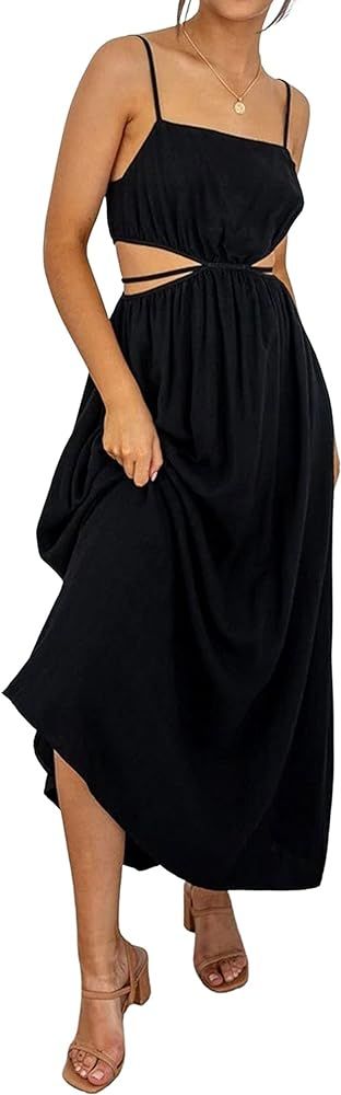 CHARTOU Women's Sexy Spaghetti Strap Cutout Ruffle Maxi Dress High Waist Club Party Flowy Dress | Amazon (US)