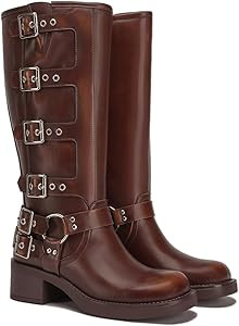 Athlefit Women's Knee High Riding Boots Fashion Buckle Square Toe Chunky Heel Wide Calf Biker Boo... | Amazon (US)