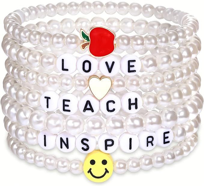 Beaded Teacher Bracelet for Women Stretch Stackable Preppy Smile Teacher Appreciation Gifts Brace... | Amazon (US)