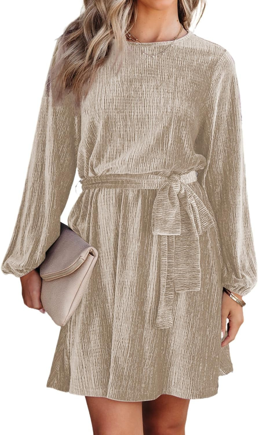 Happy Sailed Women's Velvet Dress Lantern Sleeve High Waist A-Line Skater Cocktail Party Dresses with Belt Business wear | Amazon (US)