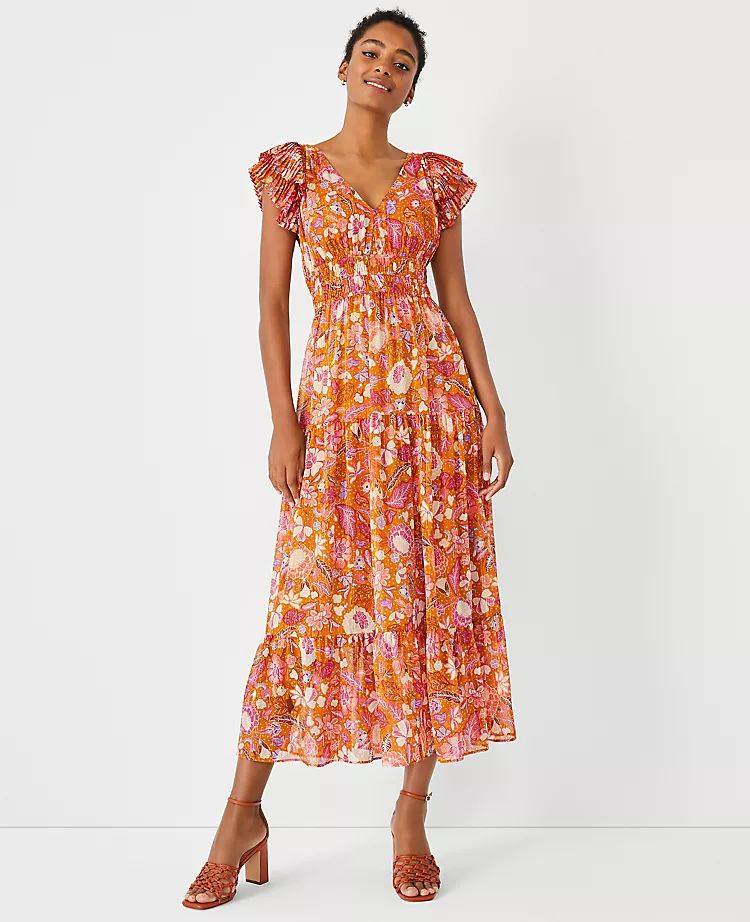 Shimmer Batik Floral Flutter Sleeve Maxi Dress | Ann Taylor | Ann Taylor (US)