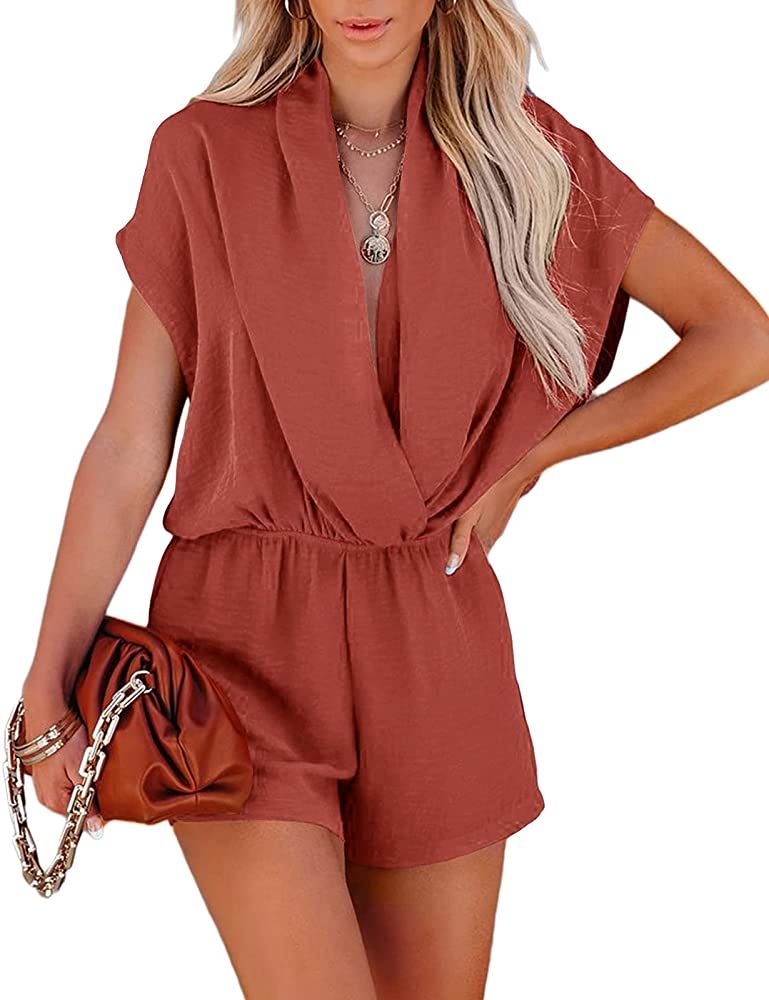 Grforclo rompers for women casual summer sexy V Neck Short Sleeve Jumpsuits Wide Leg Elastic Waist W | Amazon (US)
