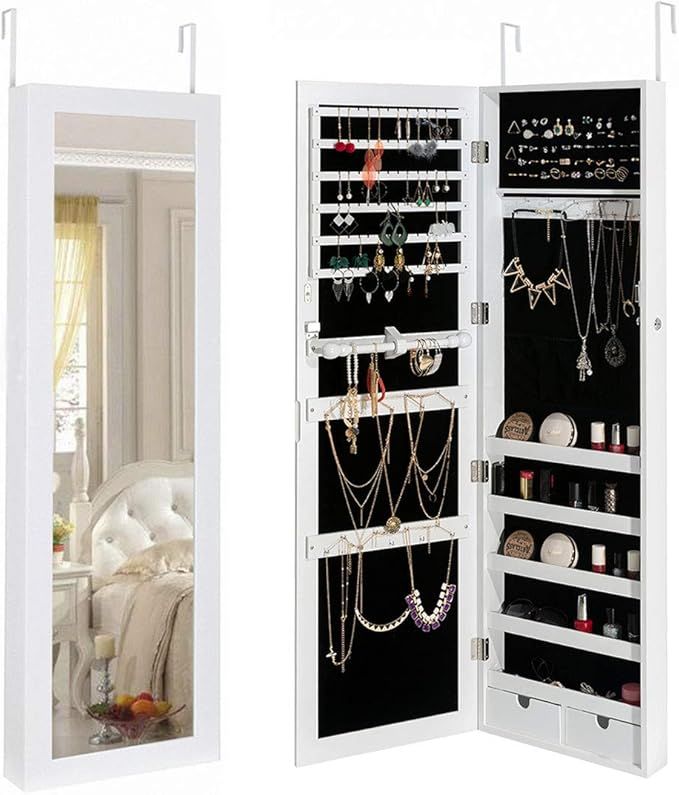 Marble Field Mirrored Jewelry Cabinet Lockable Wall Door Mounted Jewelry Armoire Organizer with M... | Amazon (US)