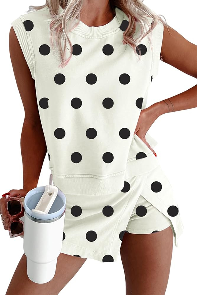 KevaMolly Womens Lounge Sets Ribbed Trim Polka Dot Print Tank Split Mini Skort 2pcs Set Sleeveles... | Amazon (US)