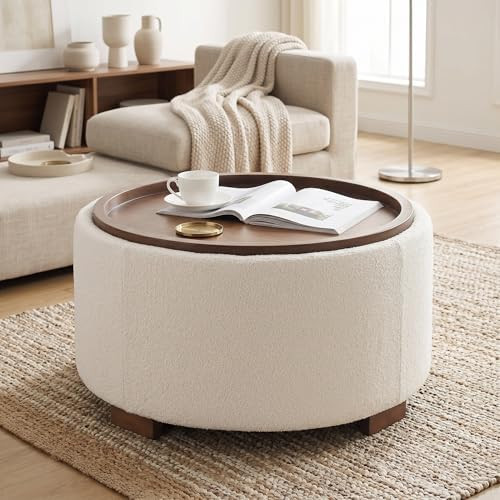 30 Inch Round Storage Ottoman Coffee Table, Modern Boucle Ottoman with Lift-Off Lid and Solid Woo... | Amazon (US)
