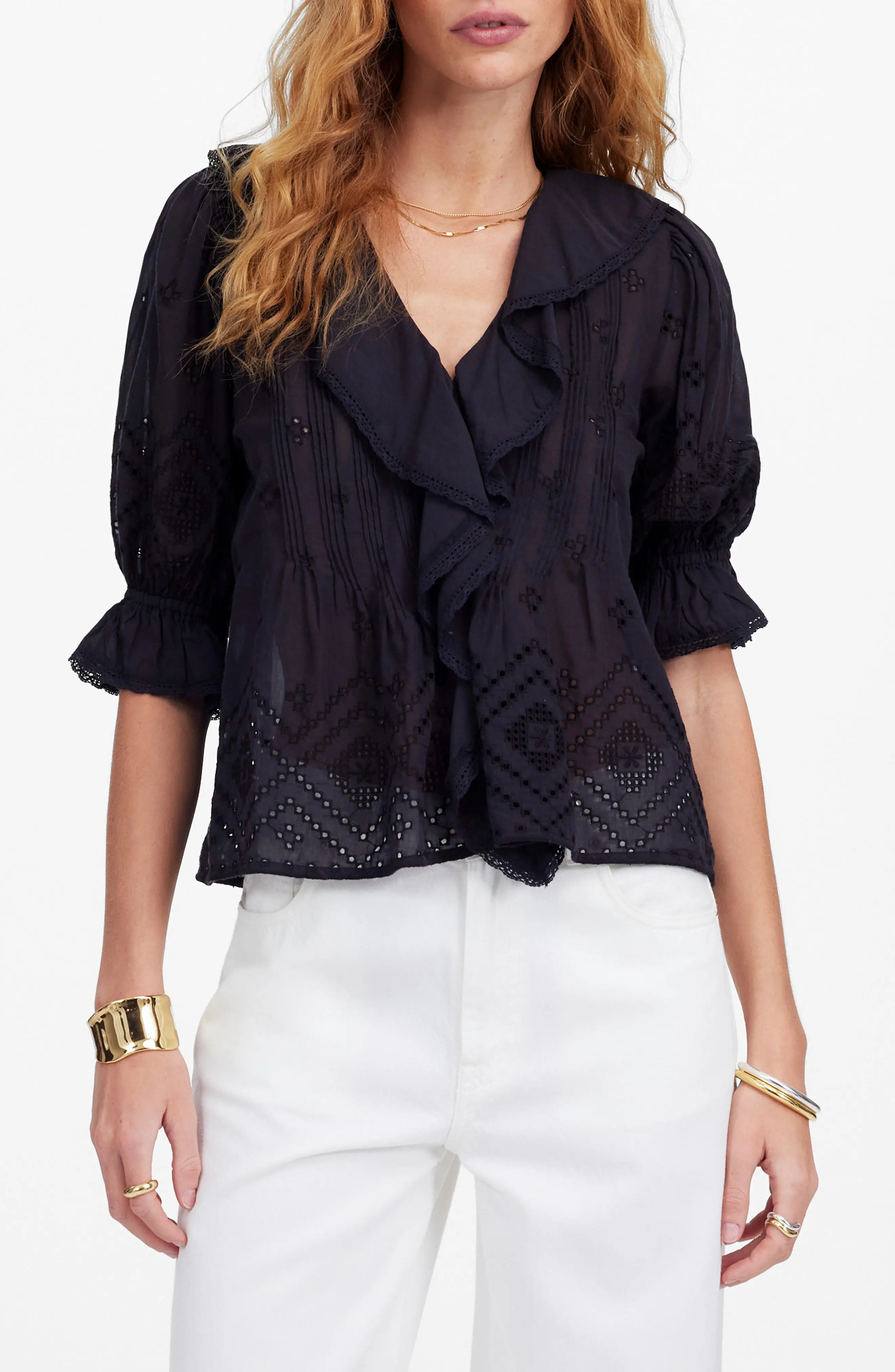Madewell Pintuck Ruffle Puff Sleeve Top in White at Nordstrom, Size X-Large | Nordstrom