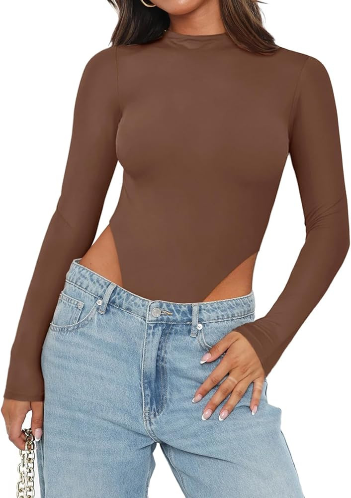 REORIA Women's Sexy Mock Turtleneck High Cut Double Lined Long Sleeve Slimming Bodysuits Tops | Amazon (US)