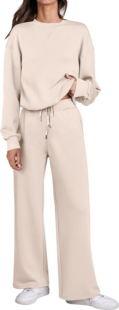 Caracilia Women's 2 Piece Outfits Sweatsuit Fall Crewneck Sweatshirts Wide Leg Pants Lounge Match... | Amazon (US)