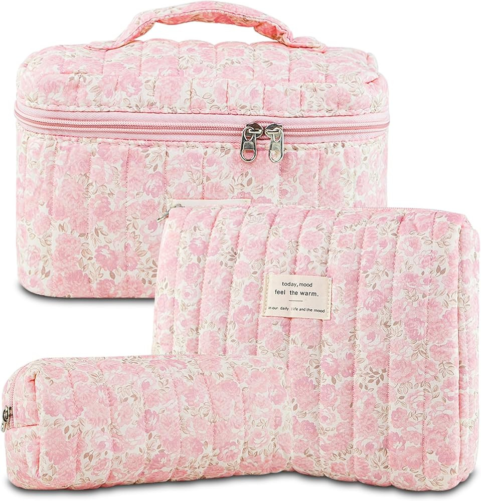 3Pcs Makeup Bag Cotton Quilted Travel Cosmetic Bag Cute Floral Makeup Pouch Large Toiletry Bag fo... | Amazon (US)