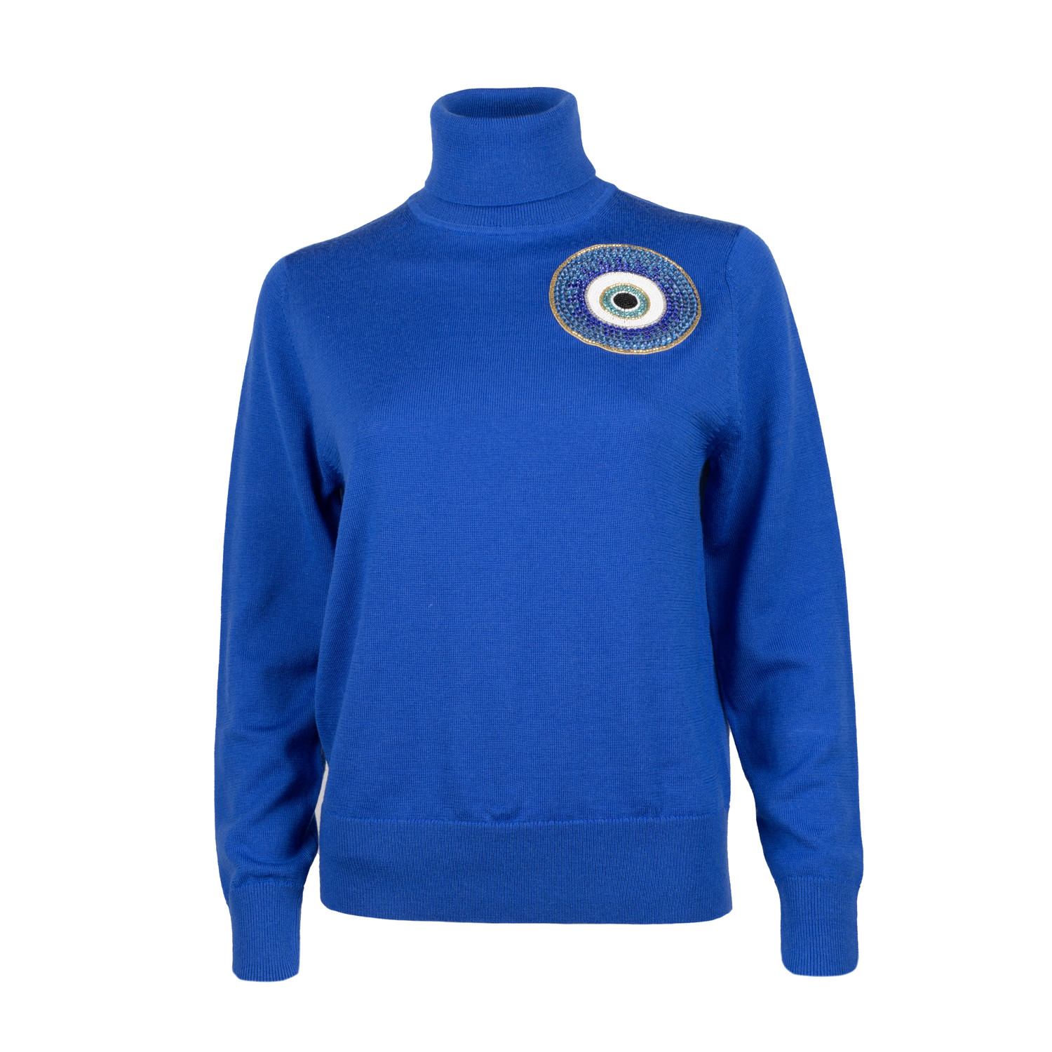 Laines Couture Evil Eye Embellished Knitted Roll Neck Jumper - Cobalt Blue | Wolf & Badger (US)
