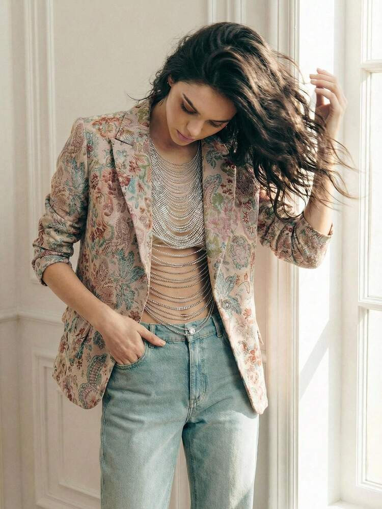 Anewsta Spring French Romantic Jacquard Women Blazer , Long Sleeve Loose Fit Slimming Commuter Elegant, Valentine's Day | SHEIN