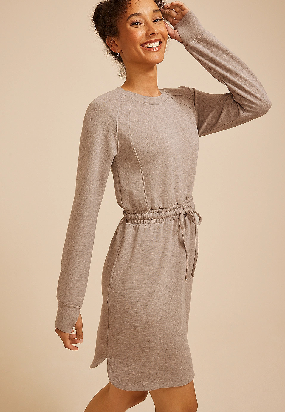 Heathered Cloud Scuba Knit Tie Waist Dress | Maurices