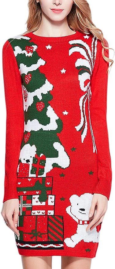 v28 Ugly Christmas Sweater for Women Vintage Funny Merry Knit Sweaters Dress | Amazon (US)