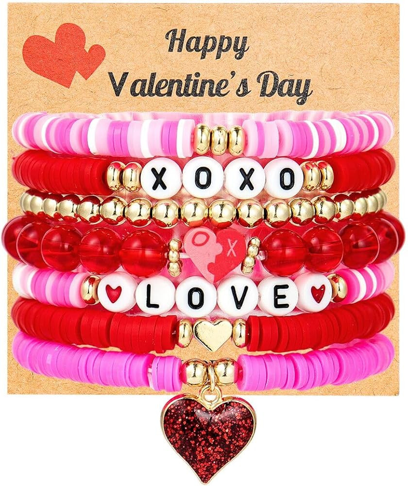 Pingyongchang Love Bracelets for Women Heishi Surfer Pink Clay Bead Bracelet Set Love Heart Boho ... | Amazon (US)