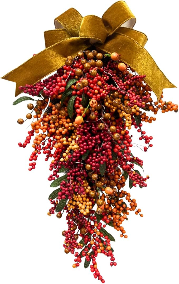 24 Inch Lighted Fall Berry Teardrop Swag with Timer Gold Velvet Bow | Amazon (US)