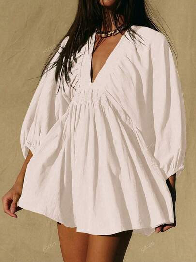 New Spring/Summer Elegant Fashion Sexy Deep V-Neck Puff Sleeve Casual Mini Dress For Women, Vacat... | SHEIN