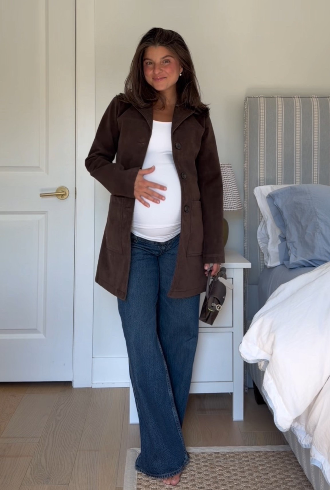 [9/9/26] fall outfit inspo at 39 weeks pregnant 🤎jeans are maternity and sizing below!

Sizing: 
• Longline Vegan Suede Jacket - xxs short 
• Wide Leg Maternity Jean - indigo, 26 short

#LTKPetite #LTKBump #LTKSeasonal