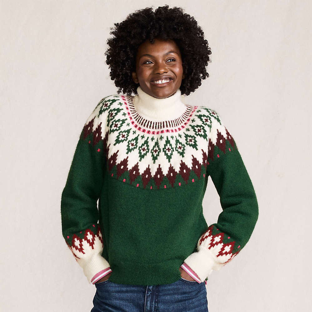 Women's Fuzzy Turtleneck Lantern Sleeve Jacquard Sweater | Lands' End (US)