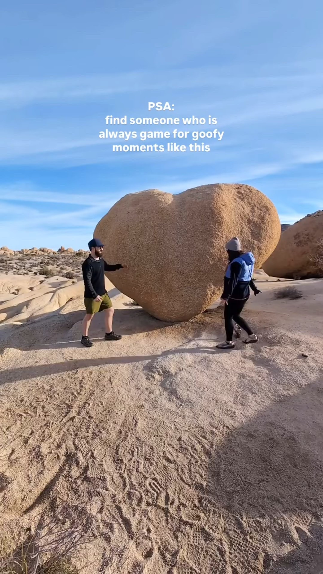 Share this with your travel partner 🫶🏻

Find someone who’s always game for goofy moments like this 💚✌️ 

Whether it’s heart-shaped rocks or spontaneous dance breaks, the best travel partner is the one who never says no to silly shenanigans. It’s all about having fun and making the adventure unforgettable, one cheesy pose at a time. 😄❤️

BTW, if you’re looking for this spot, it’s called Heart Rock in Joshua Tree National Park. The hike is a short and sweet 1-mile loop with about 100 feet of elevation gain, perfect for a quick but memorable adventure! Make sure to keep an eye out for this natural heart formation in the rocks – it’s an iconic stop for Joshua Tree explorers 🌵🫶

We stopped here just after sunrise and we’re the only ones there! ✨

#hikingcouple #adventurecouple #joshuatreenationalpark #happyhiker #california 

How’d we do with our heart? 🤣

#LTKMens #LTKTravel #LTKActive