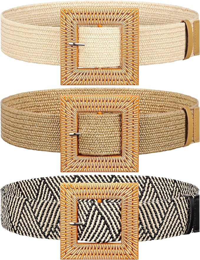 3 Pieces Straw Woven Elastic Stretch Waist Belt Skinny Dress Braided Waist Belt Wood Color Buckle... | Amazon (US)